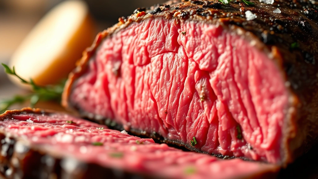 detail: close-up cross-section of sliced beef tenderloin showing perfect medium-rare doneness, pink center with brown crust, fresh herbs and sea salt visible, shallow depth of field, warm golden hour lighting