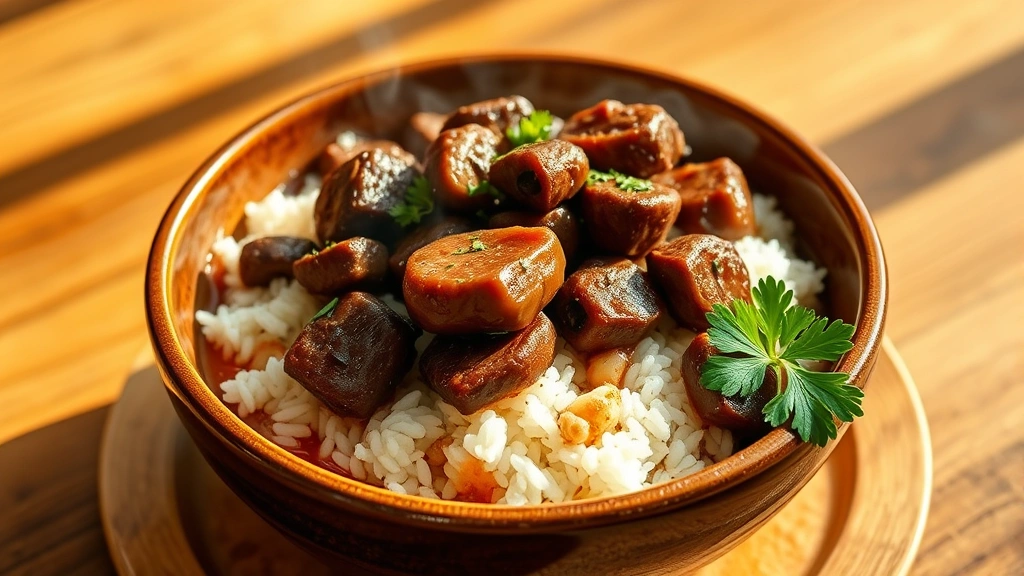hero: Steaming bowl of beef tips over fluffy white rice with glossy sauce, mushrooms visible, fresh parsley garnish, warm natural light, wooden table background, no text