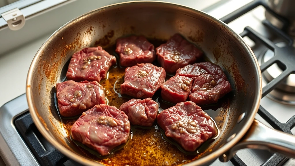 process: Beef tips searing in hot skillet with golden brown crust, oil glistening, stainless steel pan, stovetop cooking, natural light from window, no text