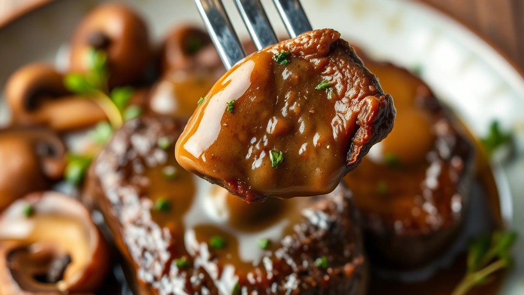 detail: Close-up of fork lifting tender beef tip from sauce, sauce coating beef, mushroom and herb garnish visible, shallow depth of field, natural light, no text