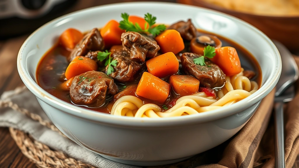 hero: bowl of slow cooker beef tips with tender carrots and mushrooms in rich brown gravy, served over egg noodles, garnished with fresh parsley, warm natural lighting, rustic farmhouse setting