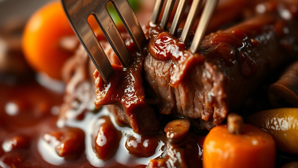 detail: close-up of fork piercing ultra-tender beef tip, mushroom and carrot visible, rich burgundy sauce clinging to meat, shallow depth of field, warm natural light