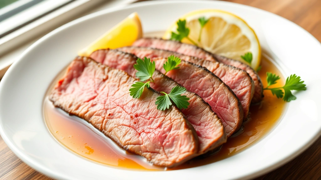 hero: perfectly sliced beef tongue on white plate with fresh parsley garnish and lemon wedges, warm broth glistening, photorealistic, natural window light, no text