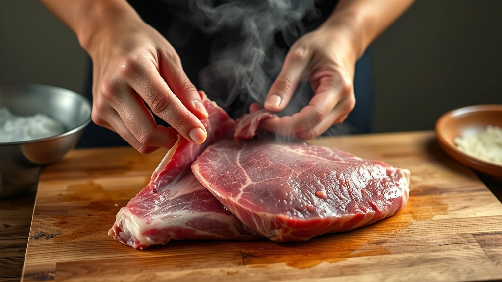 process: hands peeling skin off blanched beef tongue on wooden cutting board, steam rising, photorealistic, natural light, no text