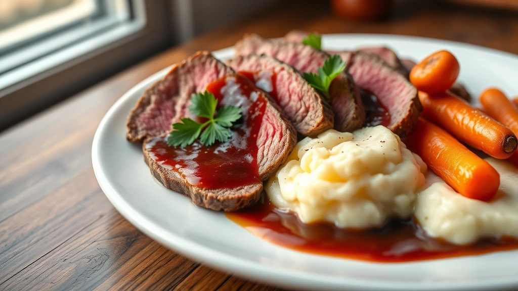 hero: perfectly sliced beef tongue arranged on white plate with rich burgundy sauce, fresh parsley garnish, creamy mashed potatoes and roasted carrots alongside, warm natural window light, shallow depth of field, professional food photography