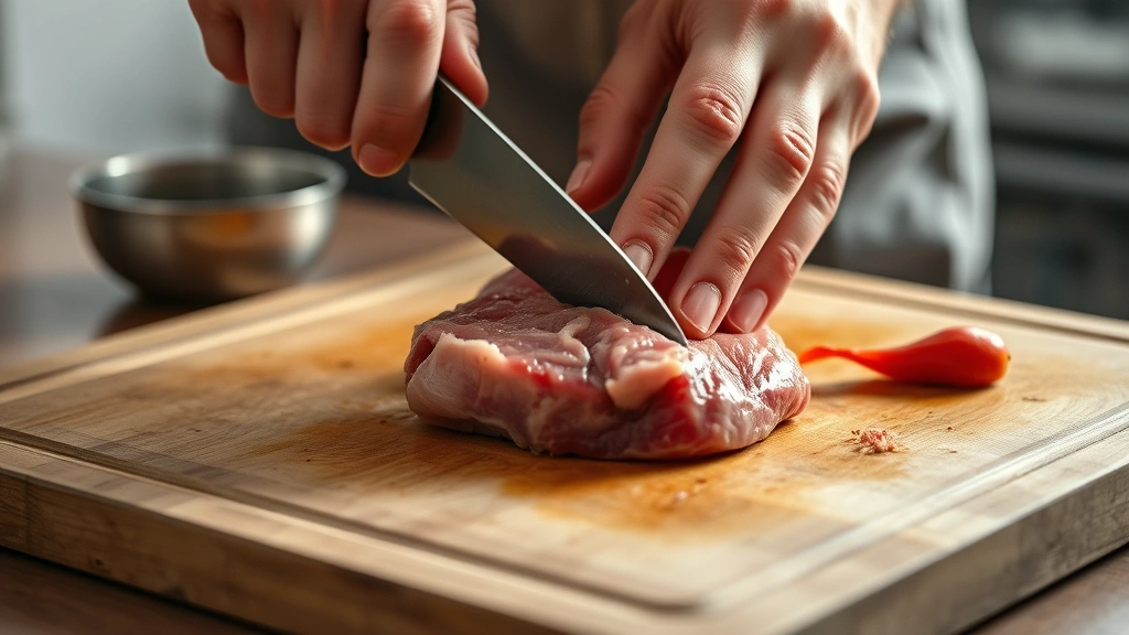 process: hands using sharp knife to peel skin from blanched beef tongue on wooden cutting board, morning kitchen light, close action shot showing technique detail, no people visible in frame