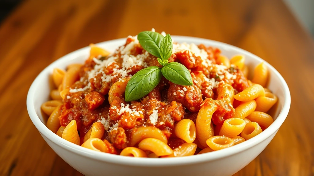 hero: bowl of beefaroni with elbow pasta in rich tomato sauce topped with Parmesan cheese and fresh basil, photorealistic, warm natural light, no text