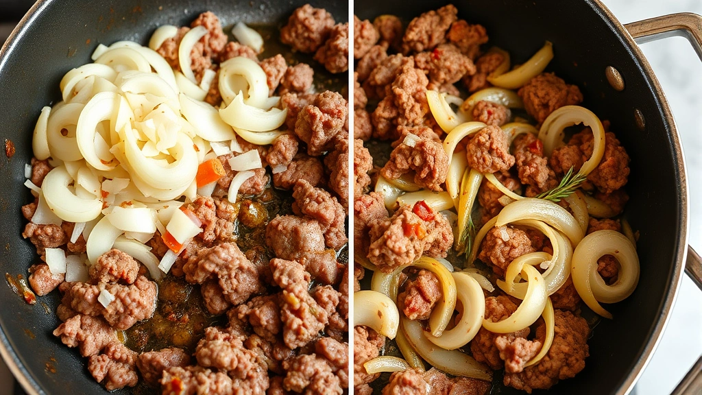 process: ground beef browning in skillet with caramelization, onions and garlic being sautéed, photorealistic, natural kitchen light, no text