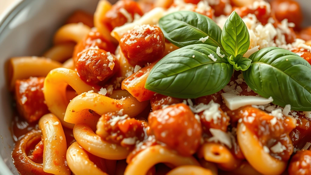 detail: close-up of beefaroni pasta coated in sauce with Parmesan cheese and fresh basil garnish, photorealistic, soft natural light, no text