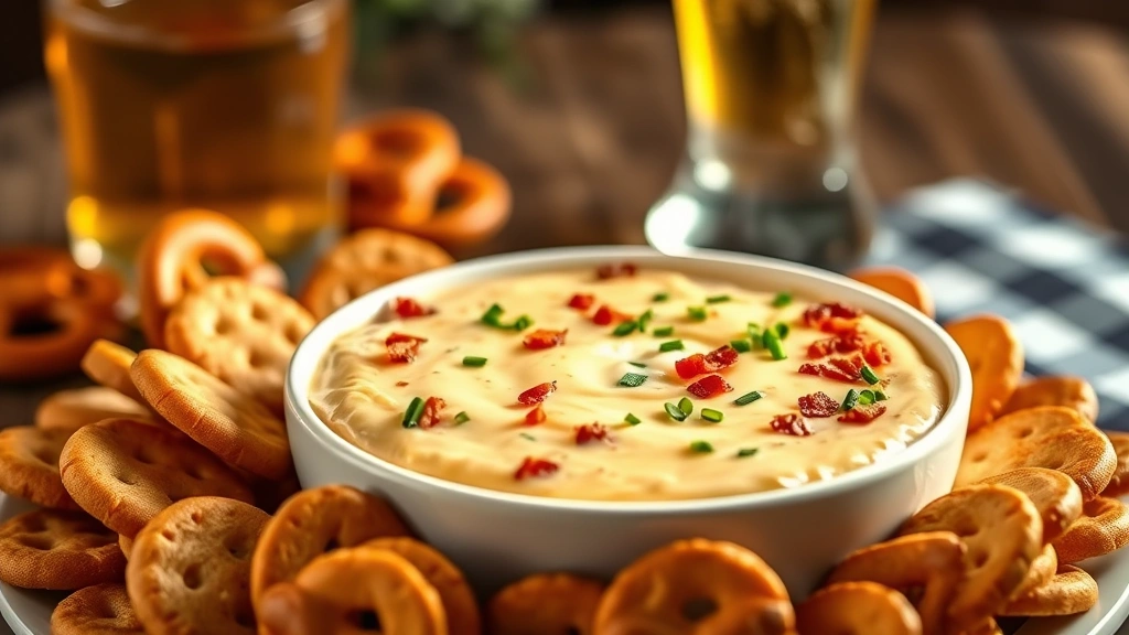 hero: creamy beer cheese dip in white serving bowl with soft pretzels and crackers surrounding it, warm golden lighting, steam rising from dip, garnished with fresh chives and bacon bits, preppy table setting with beer glass in background