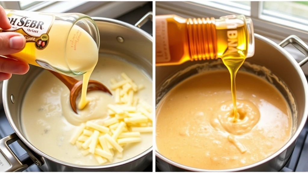 process: hands stirring melted cheese and cream in stainless steel saucepan with wooden spoon, golden beer being poured into cheese mixture, bubbling and creamy texture, natural window light