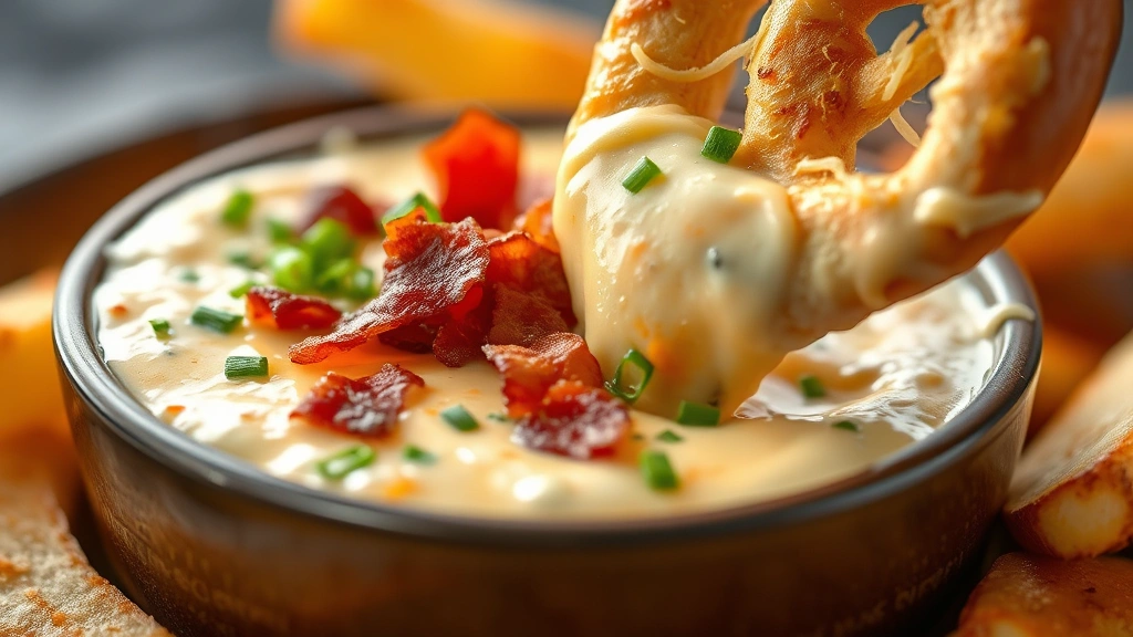 detail: close-up of warm beer dip with visible cheese strings, garnished with chopped chives and crispy bacon, soft pretzel being dipped into creamy dip, shallow depth of field, appetizing steam visible