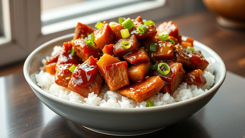 hero: Beijing beef with crispy golden beef pieces coated in glossy mahogany-brown sauce, garnished with green onions and sesame seeds, served over steaming white jasmine rice, photorealistic, natural window light, no text, appetizing food photography