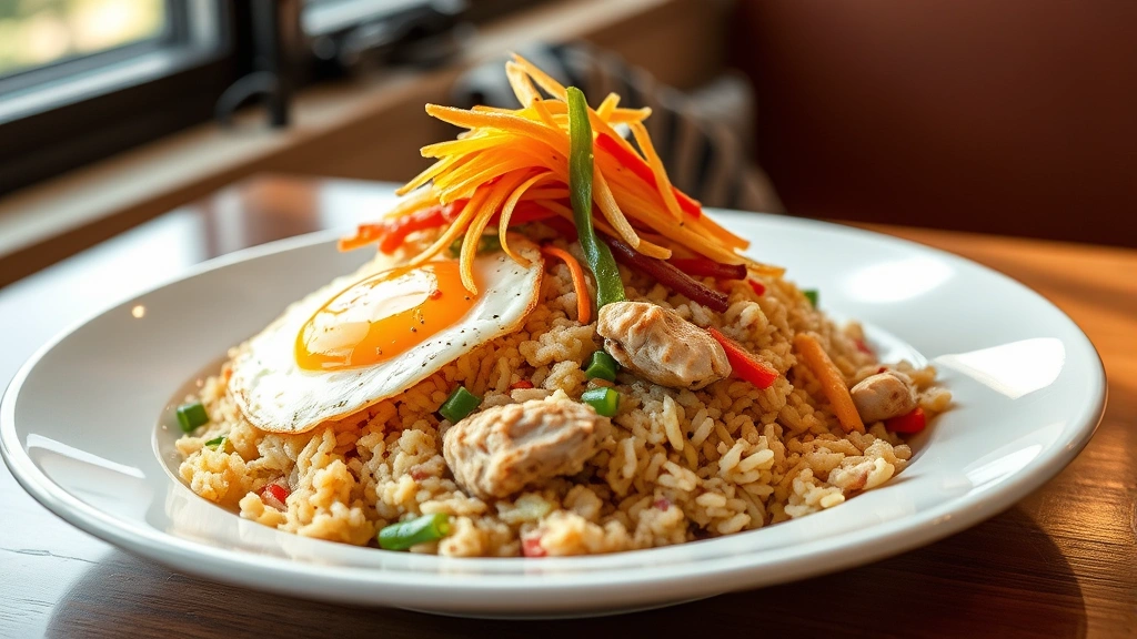 hero: steaming plate of benihana chicken fried rice with egg, chicken, vegetables and garnish, served on white plate, professional food photography, natural daylight from window, shallow depth of field, restaurant presentation style