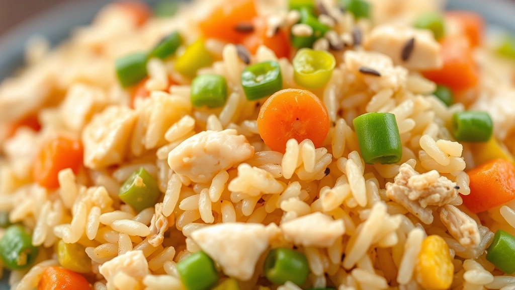 detail: close-up of perfectly cooked fried rice grains with diced chicken, egg, carrots and peas, garnished with green onions and sesame seeds, shallow focus on top layer, appetizing texture detail