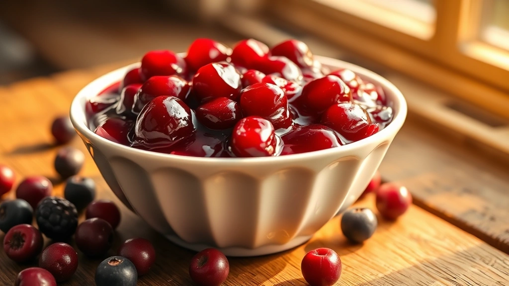 hero: glossy jewel-toned berry compote in a white bowl with fresh berries scattered around, warm golden light streaming through window, shallow depth of field, rustic wooden table background