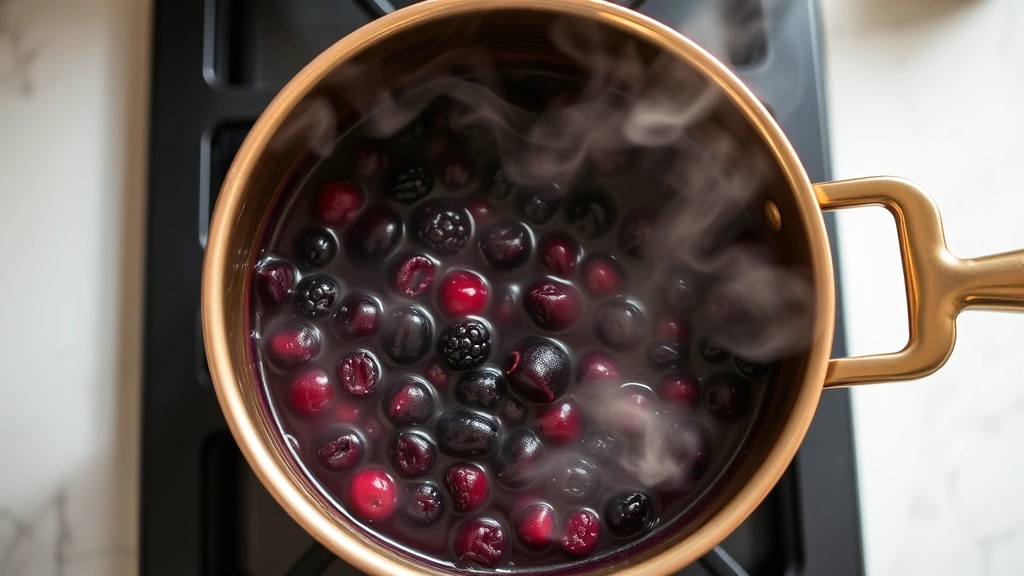 process: simmering berries in copper saucepan on stovetop, steam rising, berries breaking down and releasing juices, natural kitchen lighting, overhead angle