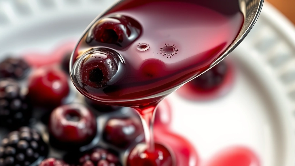 detail: close-up macro shot of spoon dripping glossy berry compote, individual berries visible in thick syrup, bright natural light, white ceramic plate background