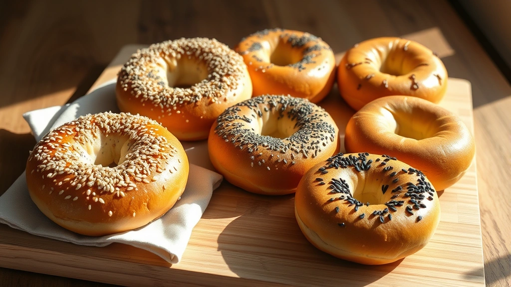 hero: six freshly baked bagels with golden-brown crust, some topped with everything bagel seasoning and poppy seeds, arranged on a wooden cutting board with a linen napkin, natural morning sunlight streaming in, soft shadows, no text