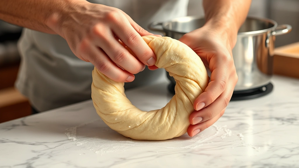 process: hands shaping bagel dough into ring shape on white marble countertop, boiling pot of water in background, steam rising, natural kitchen lighting, close-up angle, no text