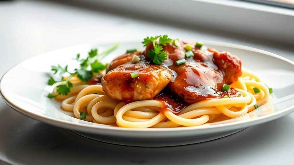 hero: bourbon chicken with glossy sauce plated over creamy pasta, garnished with fresh parsley and green onions, photorealistic, natural window light, no text, elegant plating