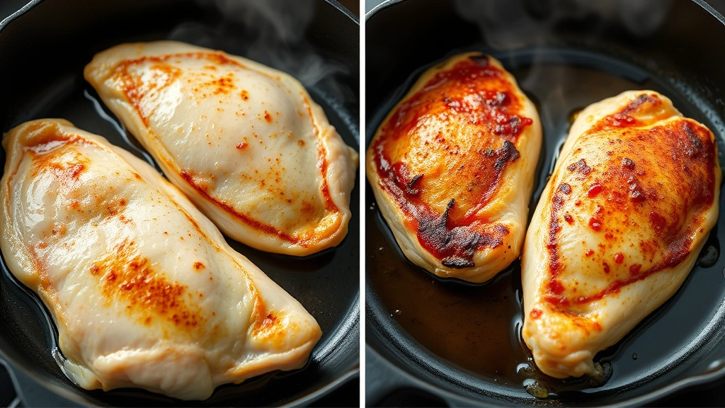 process: chicken breasts searing in cast iron skillet with golden crust forming, bourbon deglazing with visible steam, photorealistic, natural light, no text