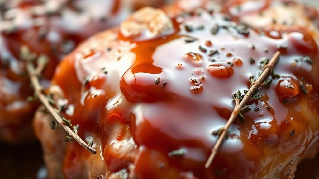 detail: close-up of bourbon chicken with glossy caramelized sauce clinging to chicken, fresh thyme and bay leaves visible, photorealistic, natural light, no text