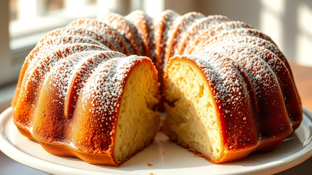 hero: golden brown Bundt cake with intricate fluted pattern, dusted with powdered sugar, sliced to show moist tender crumb, natural morning light streaming in, sitting on white cake plate, photorealistic, no text