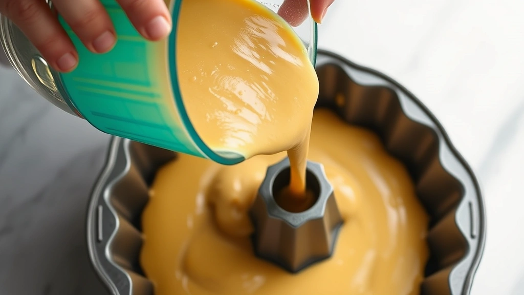 process: hands pouring golden batter into prepared Bundt pan with decorative ridges, overhead shot, bright natural light, photorealistic, no text
