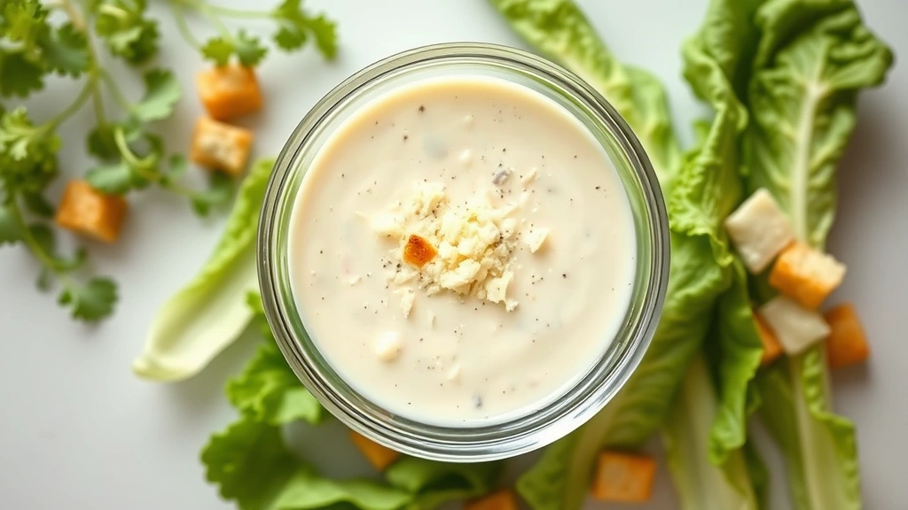 hero: creamy Caesar dressing in a glass bowl with fresh romaine lettuce leaves beside it, garnished with grated Parmigiano-Reggiano and croutons, photorealistic, natural window light, no text, top-down angle