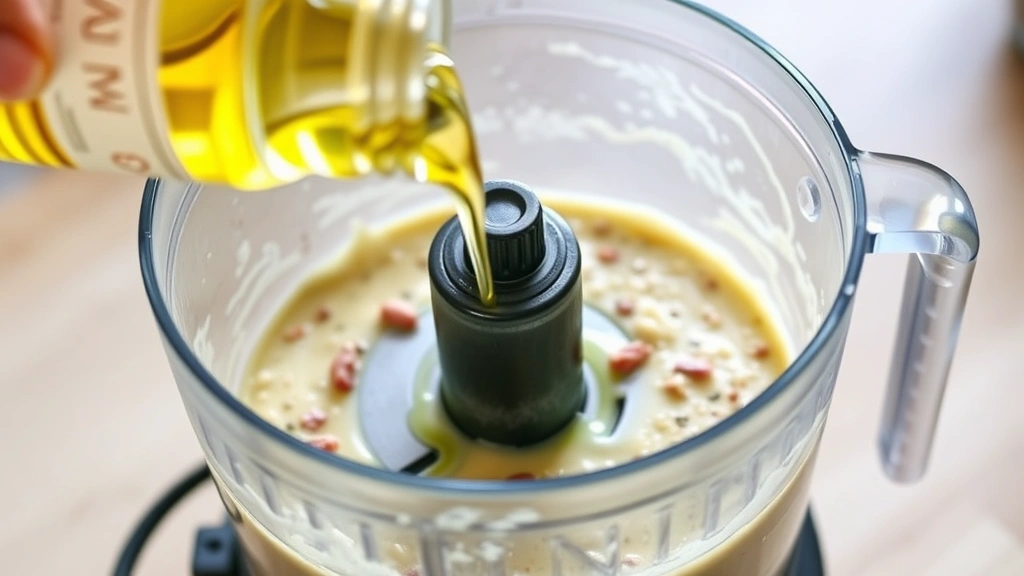process: pouring olive oil slowly into food processor with anchovy and garlic mixture, emulsifying Caesar dressing, photorealistic, natural kitchen light, no text, side angle