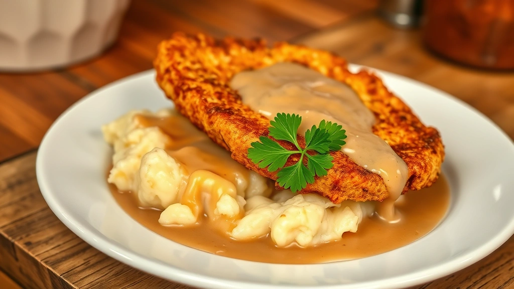 hero: golden-brown chicken fried steak on white plate with creamy mashed potatoes and gravy, fresh parsley garnish, warm natural lighting, rustic farmhouse setting, no text