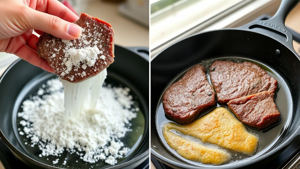 process: hand dredging seasoned beef steak in flour mixture, oil sizzling in cast iron skillet at perfect temperature, golden crust forming, natural window lighting, no text