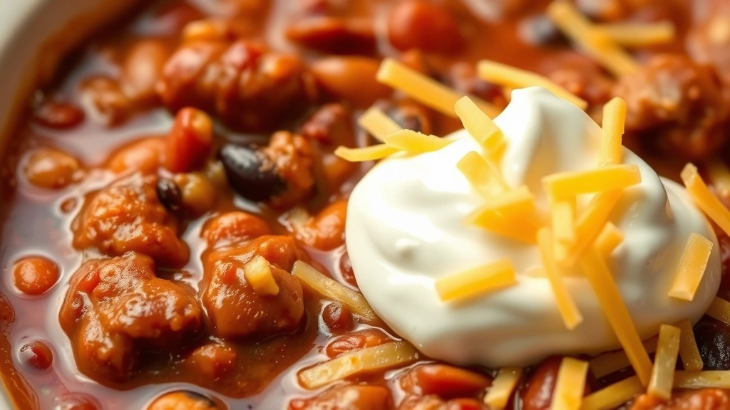 detail: close-up of chili with beans and meat visible, creamy rich sauce, topped with shredded cheese and sour cream dollop, photorealistic, warm natural light, no text