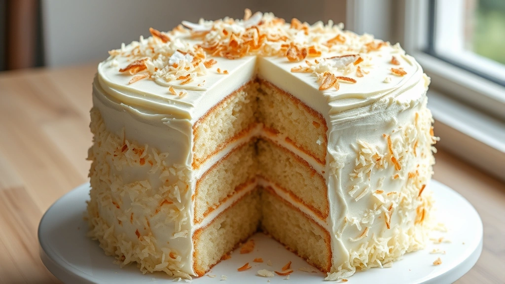 hero: three-layer coconut cake with white cream cheese frosting, topped with toasted coconut flakes and shredded coconut garnish, slice removed showing moist interior, photorealistic, natural window light, no text
