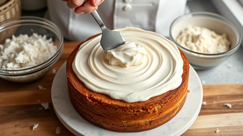 process: hand spreading frosting between cake layers with offset spatula, coconut ingredients visible in bowls nearby, photorealistic, natural kitchen light, no text