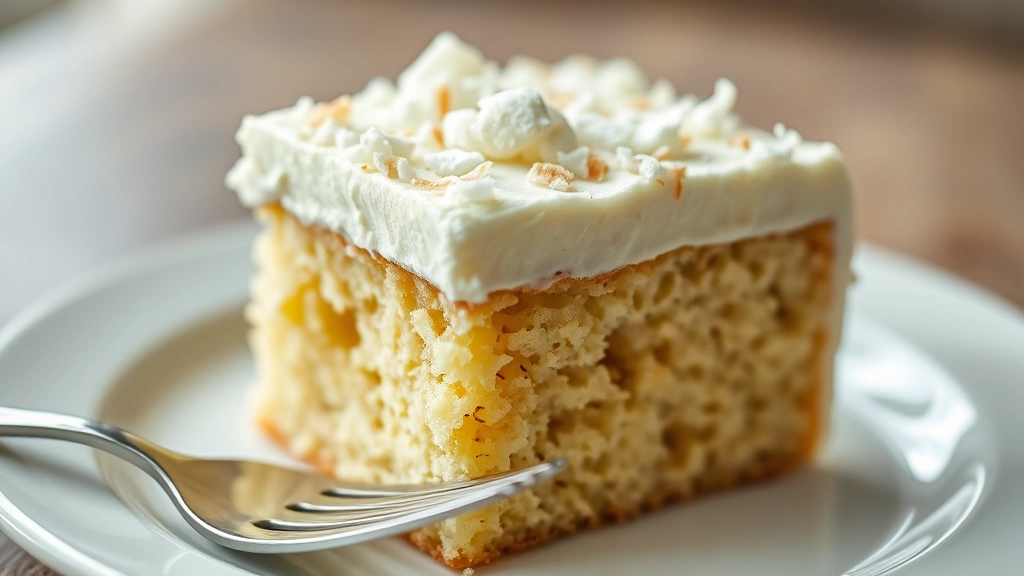 detail: close-up of cake slice showing tender crumb structure, creamy frosting layer, and coconut garnish, fork beside, photorealistic, soft natural light, no text