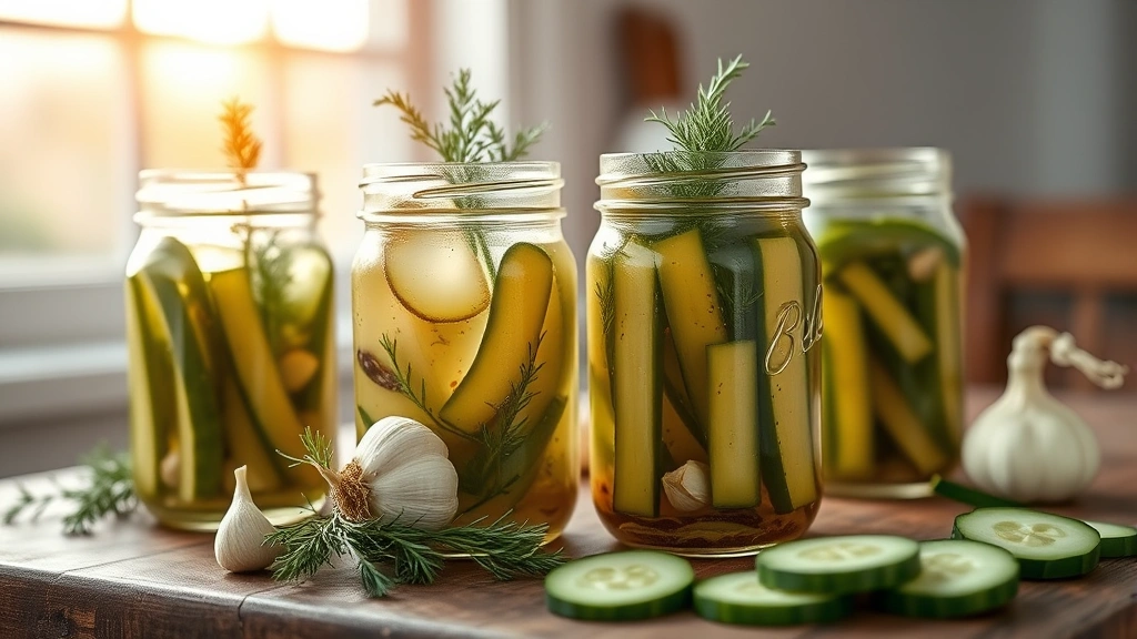 hero: mason jars filled with crisp dill pickles, fresh dill sprigs, and garlic cloves visible, cucumber slices on rustic wooden table, natural window light, morning golden hour, shallow depth of field