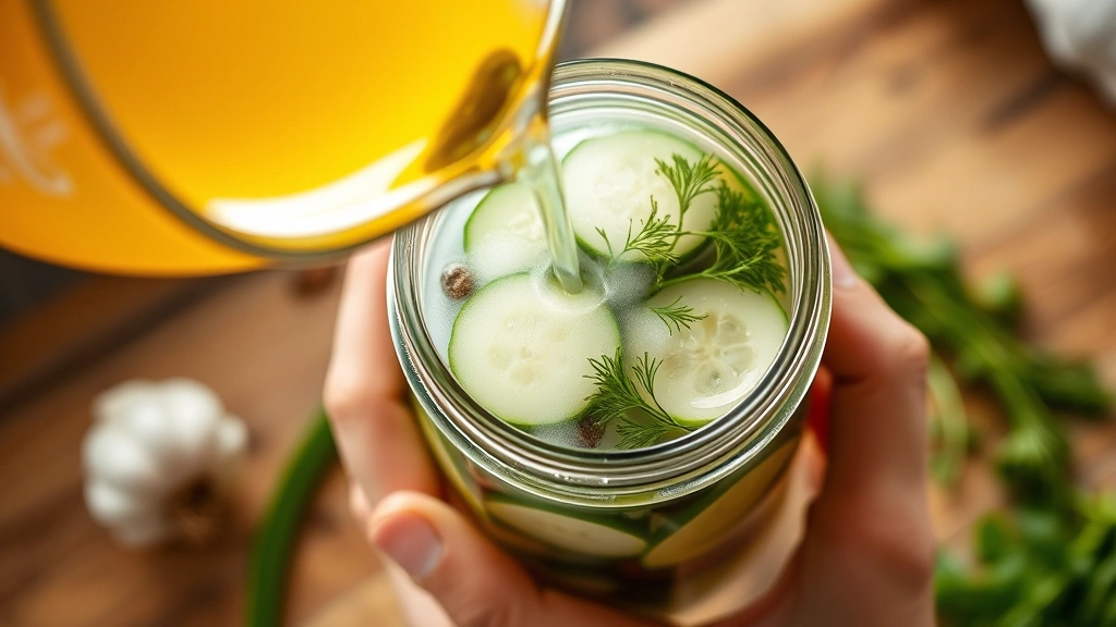 process: hot brine being poured into glass jar with fresh cucumbers and dill, steam rising, garlic and peppercorns visible, hands holding jar, natural kitchen lighting, overhead angle