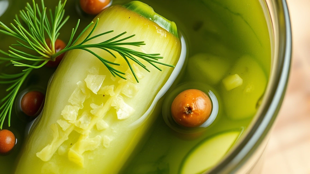detail: close-up of single perfectly pickled cucumber showing crispy texture, fresh dill fronds and peppercorns attached, clear brine surrounding, macro photography, natural light, wooden background