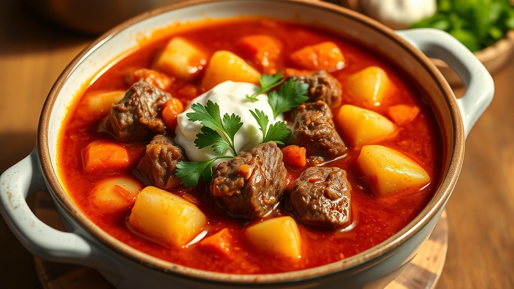 hero: steaming bowl of Hungarian goulash with tender beef chunks, carrots, potatoes in rich red paprika sauce, garnished with fresh parsley and sour cream dollop, photorealistic, warm natural lighting, no text, wooden table background