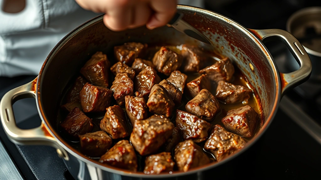 process: chef browning beef chunks in Dutch oven, golden crust forming on meat, oil glistening, photorealistic, natural kitchen lighting, no text