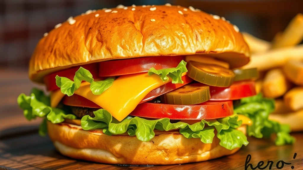hero: gourmet grilled burger with melted cheese, fresh lettuce, ripe tomato, and pickles on toasted bun, photorealistic, natural outdoor lighting, no text