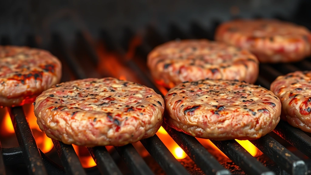 process: burger patties sizzling on hot grill grates with char marks forming, photorealistic, natural daylight, no text