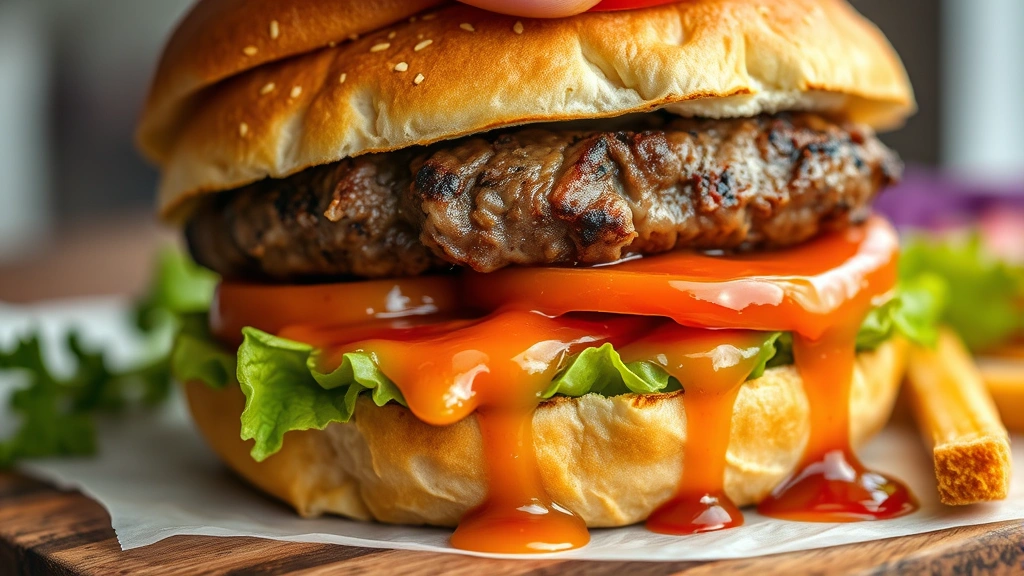 detail: close-up of juicy burger patty being placed on toasted bun with special sauce, photorealistic, natural lighting, no text