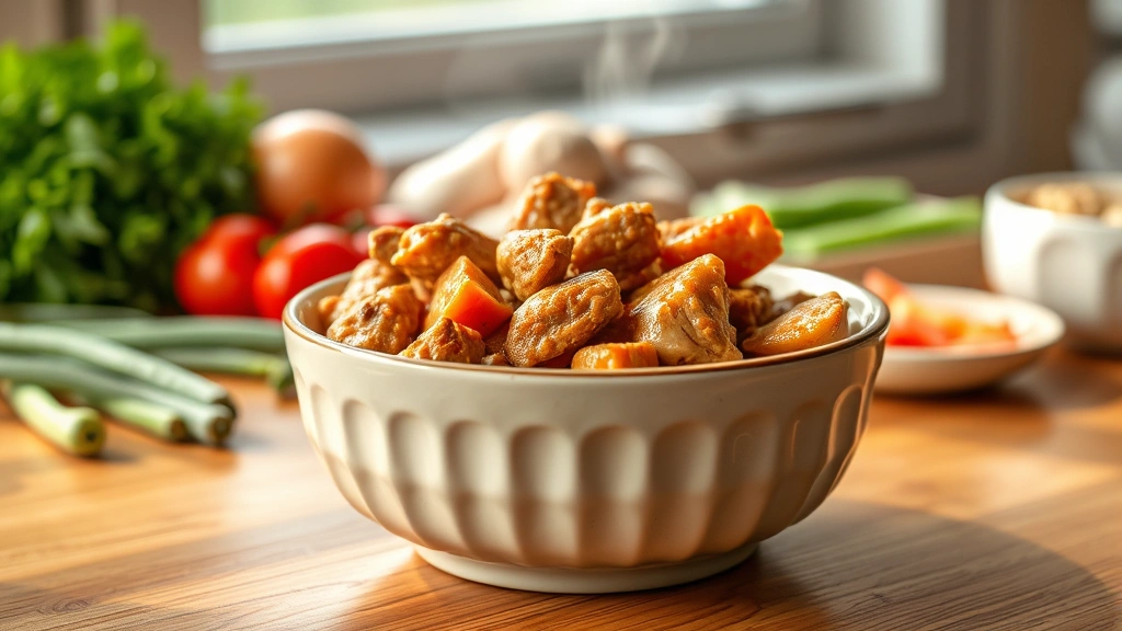 hero: fresh homemade dog food in a ceramic bowl, steam rising, ingredients visible in background including chicken and vegetables, natural morning light from window, wooden table surface, no text or watermarks