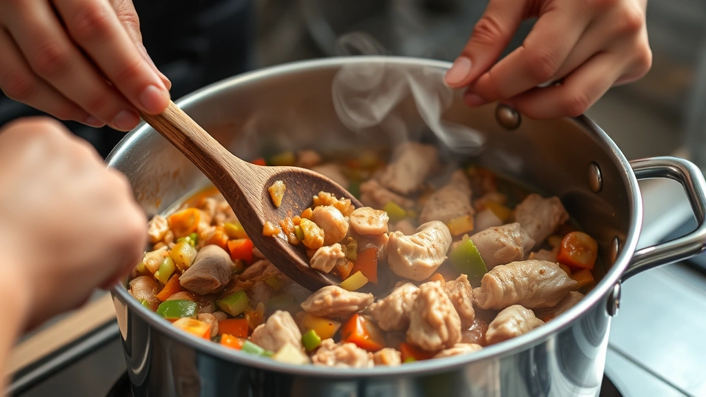 process: hands stirring large pot of dog food with wooden spoon, chopped vegetables and cooked chicken visible, steam rising, professional kitchen lighting, clean stainless steel pot, action shot