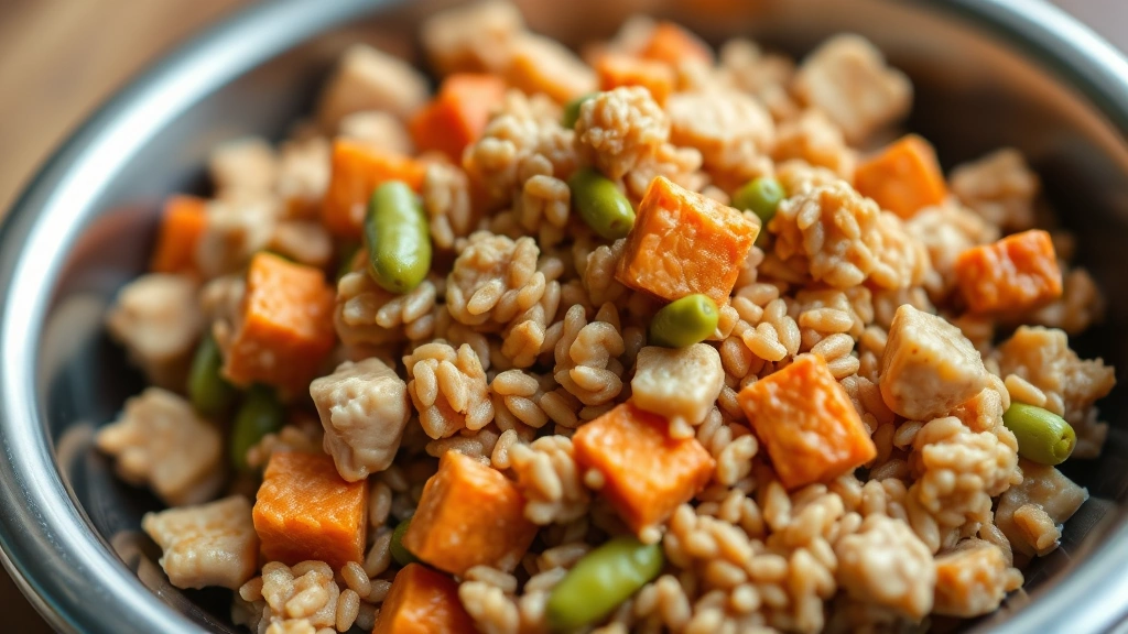 detail: close-up of finished dog food showing texture with visible chunks of chicken, carrots, green beans and brown rice, served in dog bowl, shallow depth of field, natural daylight, appetizing presentation