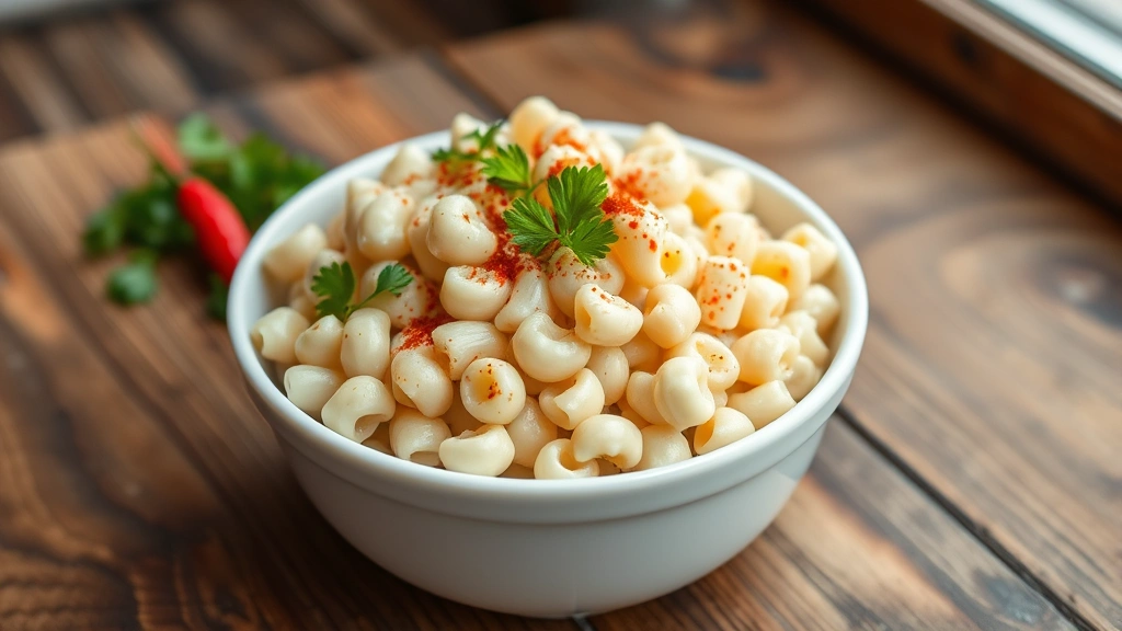 hero: creamy macaroni salad in white ceramic bowl, garnished with fresh parsley and paprika, soft natural window light, rustic wooden table background, no text