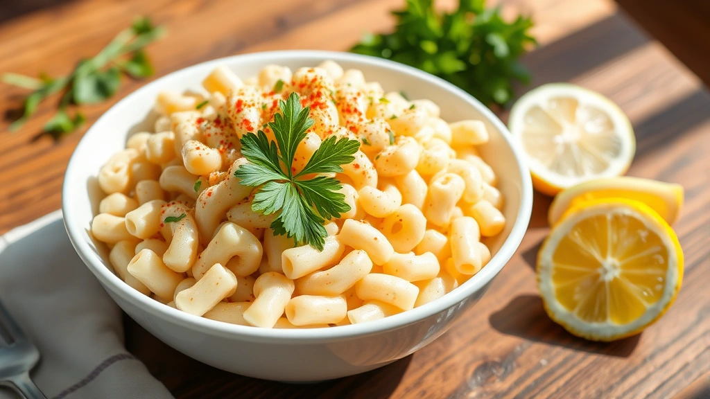hero: creamy macaroni salad in a white bowl garnished with fresh parsley and paprika, fresh lemon slices nearby, natural sunlight, wooden table background, photorealistic, appetizing, no text